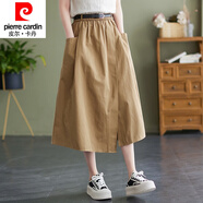 皮爾卡丹品牌高檔女裝棉麻半身裙女夏季文藝復古松緊腰顯瘦A字裙寬松百搭不規(guī)則中長裙氣質 卡其色(無腰帶) L【125-150斤】
