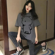 歐妤短袖t恤女夏季韓版學(xué)生中長(zhǎng)款寬松休閑上衣打底衫女 灰色背影熊 XL建議110-120斤