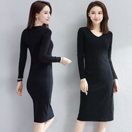 棲紀 黑色長(cháng)袖打底連衣裙女春秋中長(cháng)款修身裙2025秋冬季中長(cháng)裙 V-黑色 L  (95-105斤)