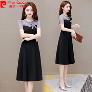 皮爾卡丹（pierre cardin）拼接連衣裙女夏季2025年新款小個子氣質(zhì)高端MM修身顯瘦減齡裙子針 52-【紫黑】 XL 【115-125斤】