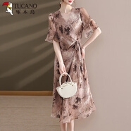 啄木鳥(niǎo)媽媽裝洋氣連衣裙時(shí)尚中老年女裝夏裝短袖雪紡裙子貴夫人長(cháng)裙Z 香檳色 2XL 建議115-130斤