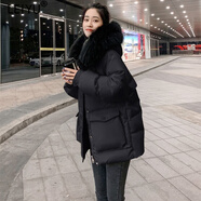 蕾遇高端品牌 短款羽絨服女冬季新款潮流小個(gè)子時(shí)尚大毛領(lǐng)外套 黑色 M （105-120斤）