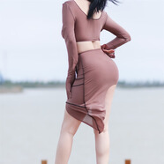 icumitoo歐美性感夏季新款網(wǎng)紗透視不規則露肩包臀裙分體半身裙套裝 焦糖色 輕薄 均碼（90-150斤）
