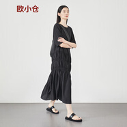 歐小倉ins博主小黑裙office queen重工斯馬克短袖醋酸垂感連衣裙 13123 黑 L