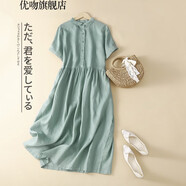 優(yōu)吻（YOUWen）2025新款尾單亞麻連衣裙女短袖韓版娃娃領(lǐng)棉麻襯衫裙 綠色 少量現(xiàn)貨 M 【100-120斤】