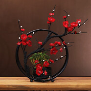 新中式仿真梅花鐵藝盆景擺件室內(nèi)裝飾花假花客廳玄關(guān)軟裝飾品擺設(shè) 紅梅花（含鐵圈）