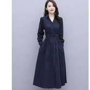 OVMATTU輕奢潮牌女裝 V領(lǐng)襯衫連衣裙女2022春秋季新款氣質(zhì)收腰顯瘦單排扣長(zhǎng)袖連衣裙 藏青色 3XL