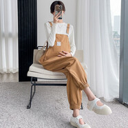 依鎏衣品2025秋冬網(wǎng)紅腹部可調節孕婦純棉背帶褲寬松T束腳闊腿吊帶褲2件套 卡其單件背帶褲031# XXL建議150-165斤