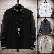 UYUK胖子日系刺繡高領(lǐng)長(zhǎng)袖打底衫男大碼寬松韓版潮流痞帥百搭休閑衛(wèi)衣 SW213黑色 4XL 190-210斤可選