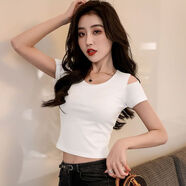 GOLDJEANNIE黑色短款上衣女短袖2024年新款設計感小眾露肩t恤緊身高腰露臍裝 白色 L