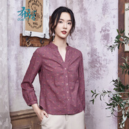 布符秋季新款長(zhǎng)袖上衣女士開(kāi)口領(lǐng)褶皺襯衫修身印花小香風(fēng) 玫紅 M