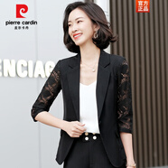 皮爾卡丹（pierre cardin）時(shí)尚顯瘦薄款小西裝外套女感2025夏季新款休閑小個(gè)子短款西服 2303-黑色蕾絲西裝 4XL