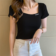 ZIXI實(shí)拍2025夏季新款短袖t恤女修身顯瘦純棉氣質(zhì)高腰短款上衣 黑色 L