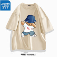 真維斯（JEANSWEST）純棉短袖t恤男女卡通小熊T恤衫青少年學(xué)生胖子半袖寬松情侶上衣服 杏色（動(dòng)感小熊） M