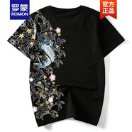 羅蒙（ROMON）夏季新款潮牌中國風(fēng)鯉魚(yú)民族風(fēng)刺繡個(gè)性寬松大碼短袖T恤衫男純棉 黑色 2XL