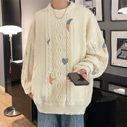 華天牧麻花粗棒針刺繡毛衣慵懶風(fēng)感針織毛線衣外套男大碼外穿 杏色 3XL   建議150-175斤可穿       