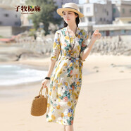子牧棉麻夏裝 女文藝復(fù)古印花連衣裙 收腰顯瘦氣質(zhì)優(yōu)雅長裙子 1871 1907花色 M(建議95-110斤)