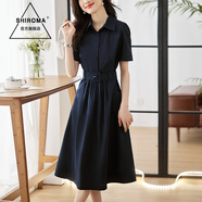 SHIROMA女裝夏裝新款襯衫領(lǐng)連衣裙女時(shí)尚韓版休閑韓版氣質(zhì) 藏青色 XL