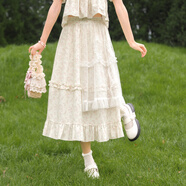 森女部落原創(chuàng  )甜美氣質(zhì)泡泡袖上衣碎花法式方領(lǐng)T恤短袖襯衫夏款女 半身裙（單件） M