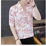 木子勝夏季冰絲短袖t恤男潮牌衣服潮流寬松五分袖polo體恤V領(lǐng)半袖上衣服 紅色 M適合95-105斤