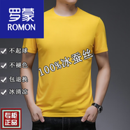 羅蒙（ROMON）仿桑蠶絲男士短袖T恤夏季薄款冰絲純色絲光棉圓領(lǐng)半袖體恤上衣 黃色(純色) XL 175建議135-155斤