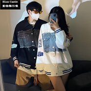 愛洛斯汀堡 歐美拼接牛仔外套男女情侶寬松衣服男生原宿薄款?yuàn)A克棒球服男裝 702黑色 XL