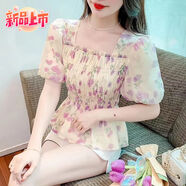 LEDP韓版法式方領(lǐng)碎花短款襯衫女夏季2024齡洋氣小衫小眾上衣服 杏色雪紡 XL建議116-125斤