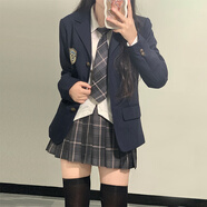 拉曼咔原創(chuàng)jk制服裙正版西裝外套秋冬季新款學院風鉗色西服套裝三件套女 煙灰裙+鉗色西裝+尖角襯衫 送絲襪 S 【推薦70~90斤】