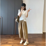 芭雅蓮薄款棉麻褲女闊腿九分褲夏季薄款直筒休閑褲小個子亞麻褲女工裝褲 卡其色 2XL 建議（130-145斤）