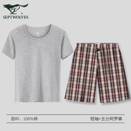 七匹狼睡衣睡褲男夏季純棉短袖T恤短褲阿羅褲2件套可外穿家居服套裝 麻灰短袖+棕色五分短褲 XL -175（建議120-140斤）