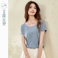 艾路絲婷條紋短袖T恤女裝夏裝新款韓版顯瘦上衣圓領(lǐng)體恤31008 藍(lán)白條紋 M