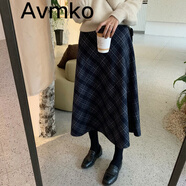 潮牌Avmko毛呢半身裙2022秋冬新款女中長(cháng)款復古格子半裙傘裙高腰顯瘦遮胯a字長(cháng)裙半身裙 深藍色半身裙 M