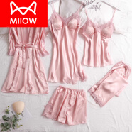 貓人（MiiOW）帶胸墊睡衣女士五件套春秋夏性感冰絲綢吊帶睡裙睡袍五件套家居服 H929五件套粉色 L 100 115斤以?xún)?
                                         title=