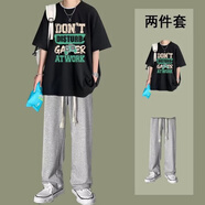 凰梡夏季男裝設計感短袖t恤男ins潮牌男生衣服搭配一套帥氣套裝兩件套 上黑下灰（長(cháng)褲） 5XL