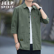 JEEP SPIRIT吉普襯衫男夏季襯衣男士外套休閑七分袖男裝短袖襯衫 軍綠色 2XL