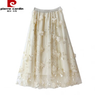 皮爾卡丹（pierre cardin）網(wǎng)紗刺繡半身裙溫柔氣質(zhì)中長(cháng)裙立體花朵重工紗裙小清新仙女裙 杏色 均碼