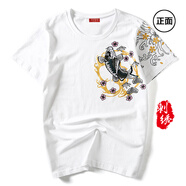 VENSUP短袖t恤男裝夏季中國風醒獅刺繡純棉情侶寬松上衣服男士國潮T恤衫 769錦鋰白色 M(建議100-115斤)