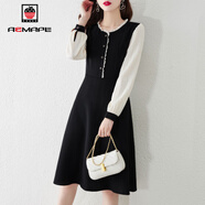 AEMAPE新款拼接長(cháng)袖黑色連衣裙女2025春秋冬新款顯瘦時(shí)尚氣質(zhì)假兩件裙子 黑色 M