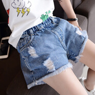 金布?。↗INBUDING）夏季兒童褲子適合3-13歲小女孩穿的牛仔短褲夏裝女童破洞短褲中大 藍色破洞短褲 130