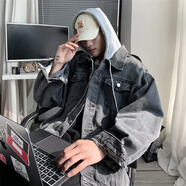 主意范（ZHUYIFAN）胖子超大碼牛仔外套男寬松大碼夾克高街連帽牛仔衣潮百搭休閑上衣 JK780灰色 5XL 205-240斤