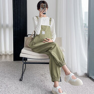 依鎏衣品2025秋冬網(wǎng)紅腹部可調節孕婦純棉背帶褲寬松T束腳闊腿吊帶褲2件套 豆綠單件背帶褲031# XXL建議150-165斤