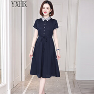 YXHK真絲連衣裙女夏短袖品牌女裝杭州絲綢高端純色收腰顯瘦氣質(zhì)裙子 藏青色 3XL