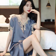 俞兆林睡裙女冰絲夏季薄款蕾絲短袖夏天性感可外穿女士睡衣家居服 NSXER-2171短袖裙莫蘭灰 均碼 （適合80-130斤）