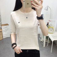 閱櫻T恤女短袖寬松2022春夏新款女裝薄冰絲圓領(lǐng)內(nèi)搭打底衫小衫體恤女氣質(zhì)女士上衣半袖t恤小衫夏 杏色 XL(115-130斤)