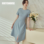 ROEYSHOUSE羅衣氣質(zhì)淺藍色短袖連衣裙女夏裝新款拼接開(kāi)叉連衣裙06255 淺藍色 L