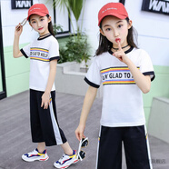 溜溜蛙女童套裝夏兒童T恤七分褲運動休閑褲中大童韓版小女孩衣服3-13歲夏季薄款學生夏天童裝女兩件套潮 白色 150（建議身高140cm左右）