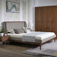 宅家全柚木臥室全柚木現代中式床北歐五門(mén)衣柜牛皮雙人床床頭柜 全柚木標準床180/150*200 5門(mén)