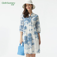 布景（Clothscenery）布景女春季2023連衣裙新品七分袖風景印花套頭連衣裙 藍花 S