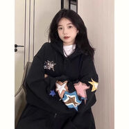 俞兆林美式復古星星oversize連帽慵懶風衛(wèi)衣女秋冬新款加絨加厚外套 黑色春秋薄 S