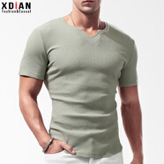 續(xù)點(diǎn)（XDIAN）螺紋短袖T恤男士小V領(lǐng)純色棉質(zhì)彈力緊身修身運(yùn)動打底衫體恤夏季潮 淺綠色 M（95-120斤左右）修身型